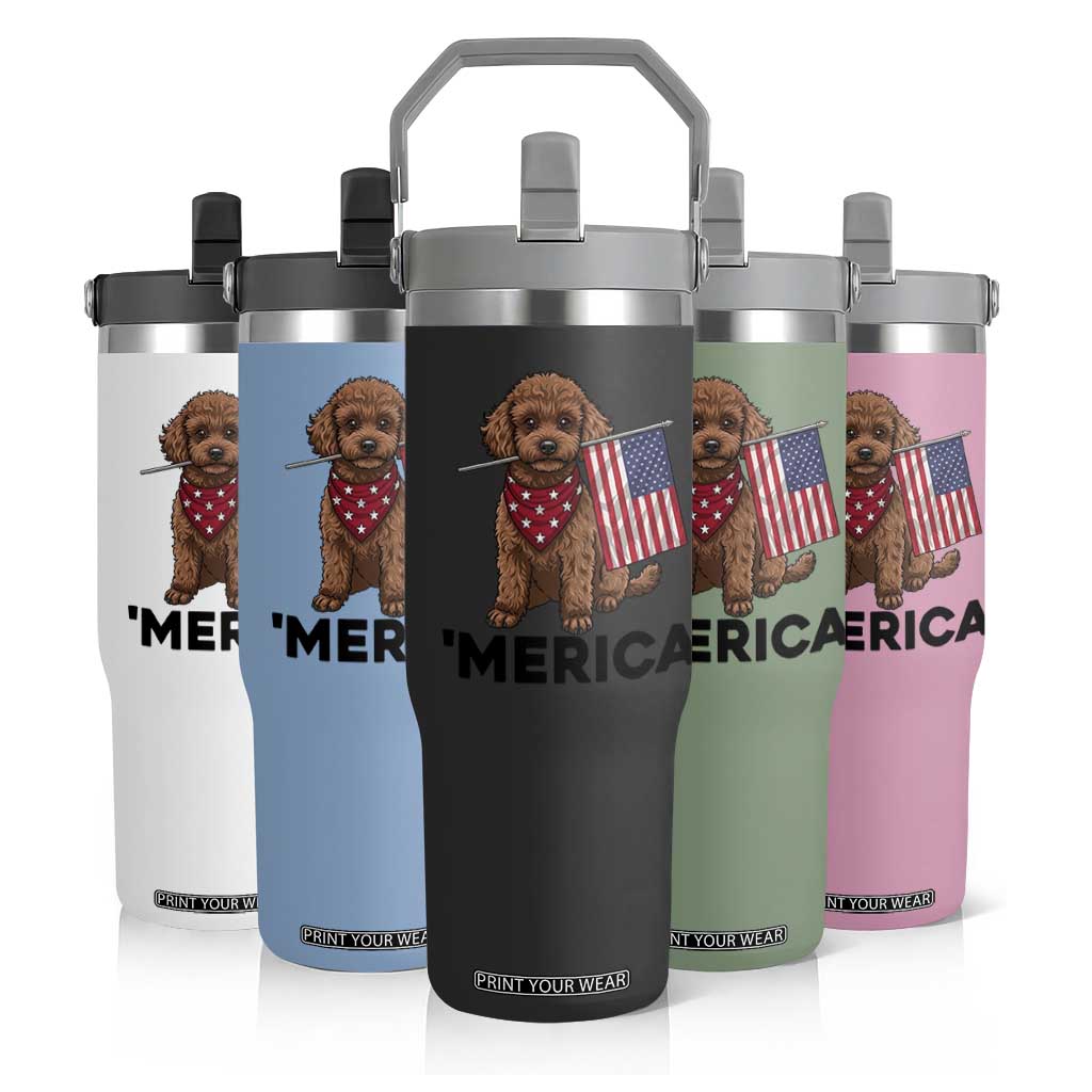 Patriotic Poodle Mom Dad Gift Flip Straw Tumbler Merica 4th Of July