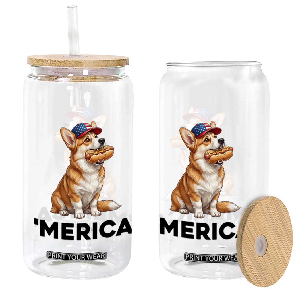Funny Merica Corgi Lover 4th Of July Glass Can Patriotic Dog Gift
