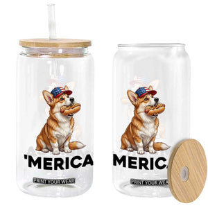 Funny Merica Corgi Lover 4th Of July Glass Can Patriotic Dog Gift