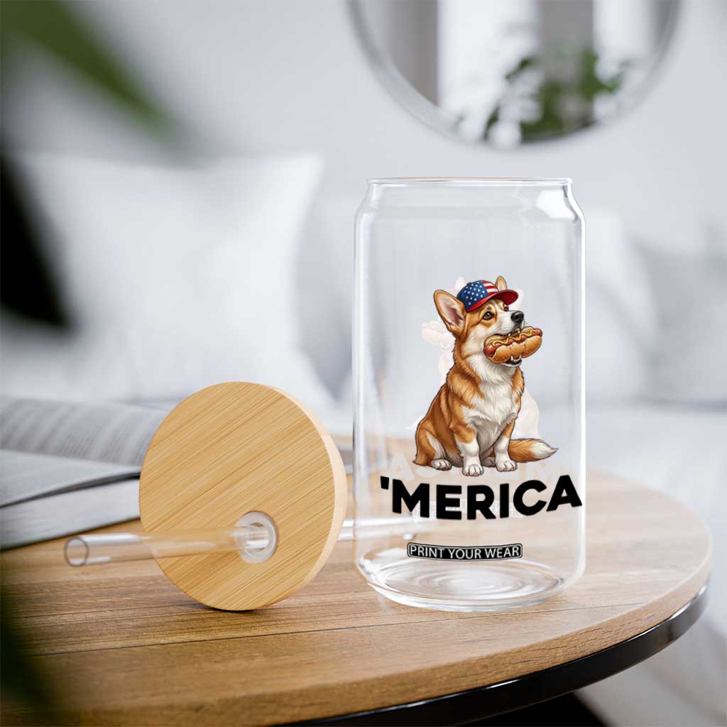Funny Merica Corgi Lover 4th Of July Glass Can Patriotic Dog Gift