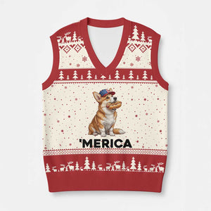 Funny Merica Corgi Lover 4th Of July V-Neck Knit Sweater Vest Patriotic Dog Gift TS12 Beige Red Print Your Wear