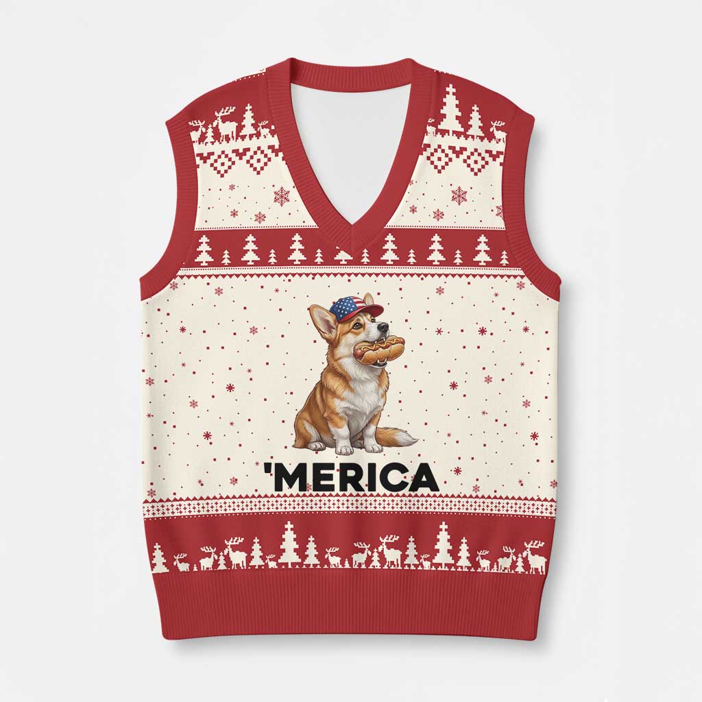Funny Merica Corgi Lover 4th Of July V-Neck Knit Sweater Vest Patriotic Dog Gift TS12 Beige Red Print Your Wear