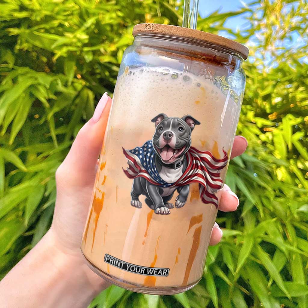 Patriotic Pitbull Dog USA Flag Glass Can 4th Of July Pride
