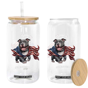 Patriotic Pitbull Dog USA Flag Glass Can 4th Of July Pride