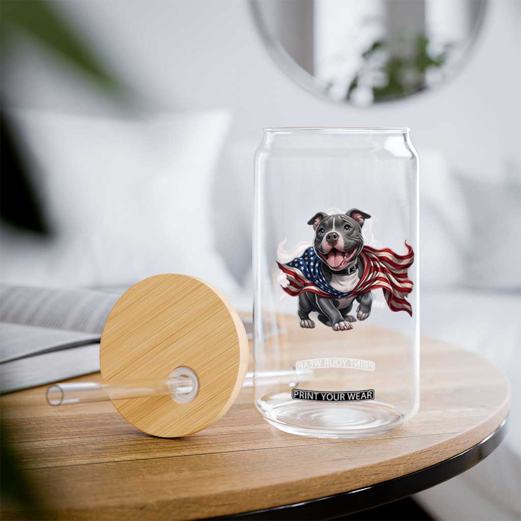 Patriotic Pitbull Dog USA Flag Glass Can 4th Of July Pride
