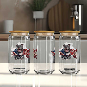 Patriotic Pitbull Dog USA Flag Glass Can 4th Of July Pride