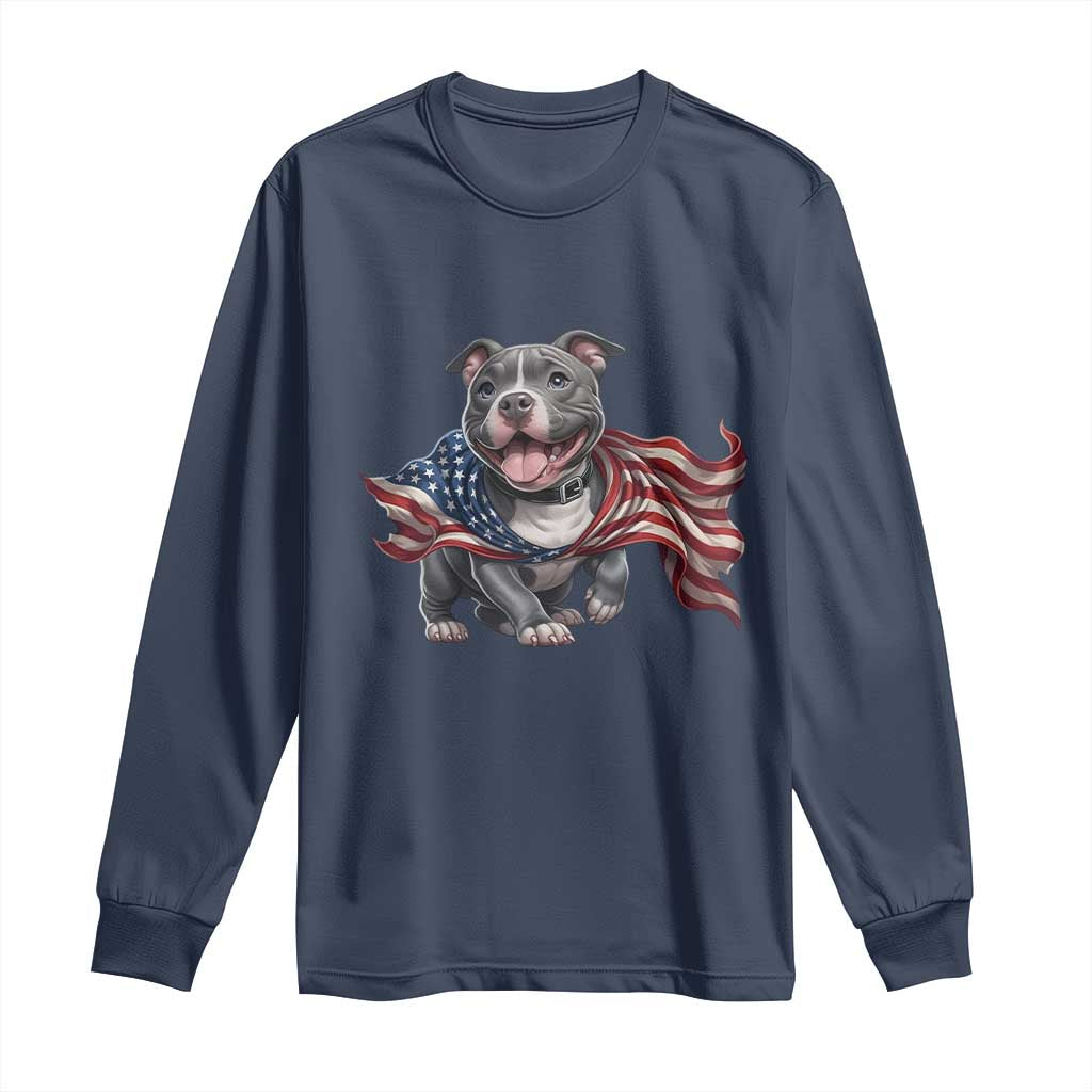 Patriotic Pitbull Dog USA Flag Long Sleeve Shirt 4th Of July Pride