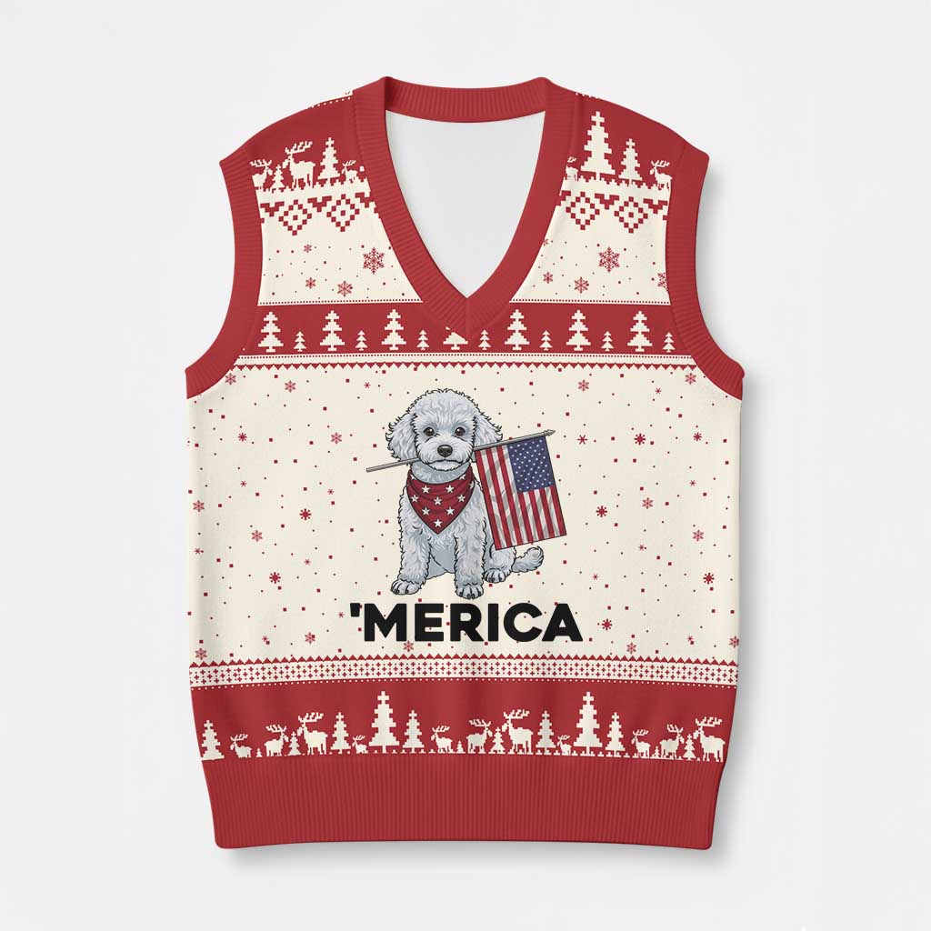 Merica Poodle Mom Dad Patriotic Gift V-Neck Knit Sweater Vest 4th Of July Pride TS12 Beige Red Print Your Wear