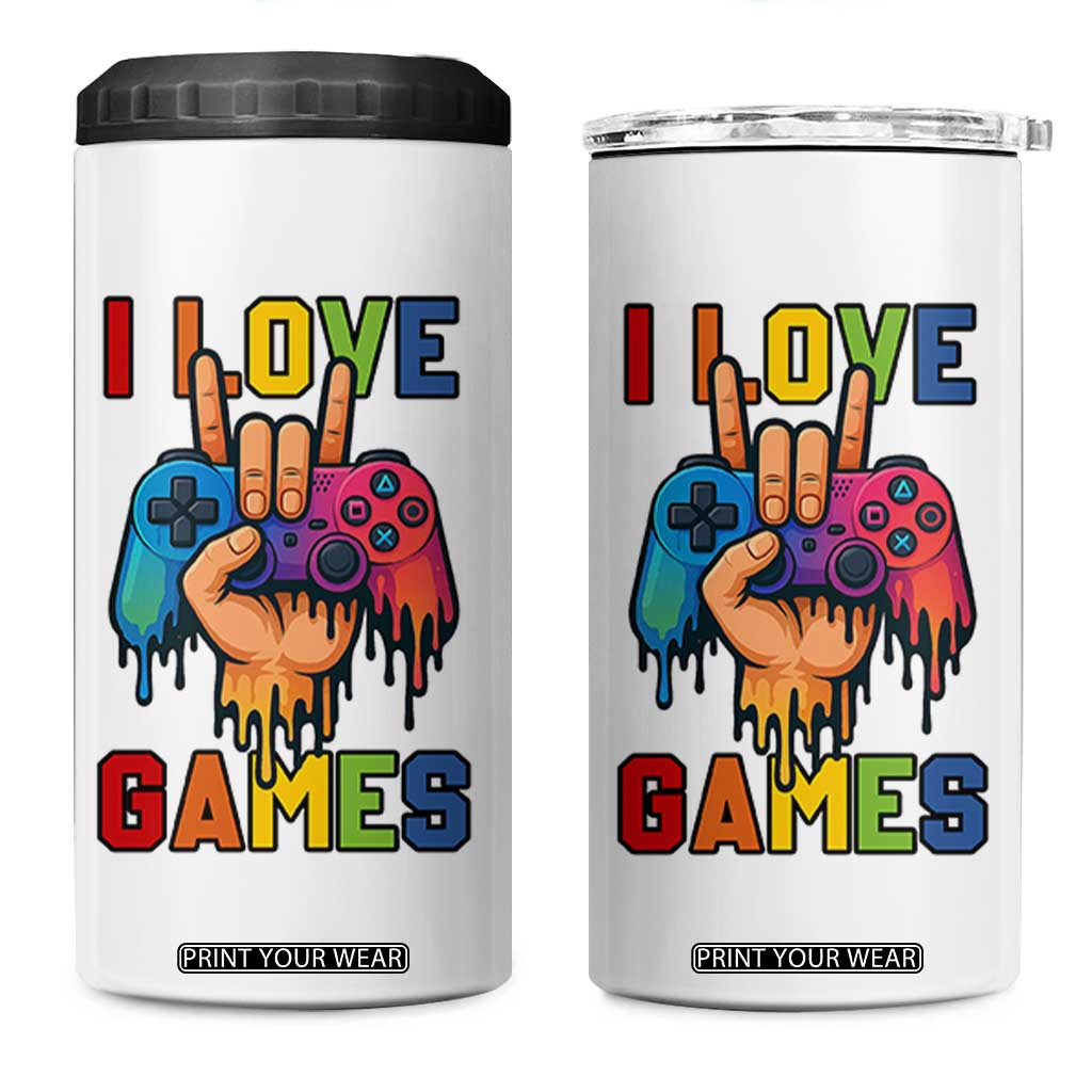 I Love Games Colorful Gamer Controller Gift 4 in 1 Can Cooler Tumbler TS12 One Size: 16 oz White Print Your Wear