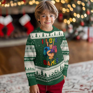 I Love Games Colorful Gamer Controller Gift Ugly Christmas Sweater TS12 Forest Green Beige Print Your Wear