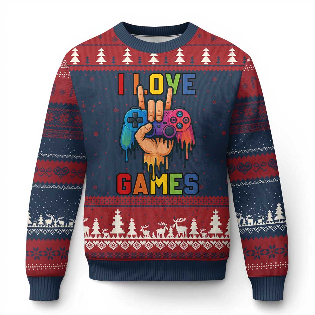 I Love Games Colorful Gamer Controller Gift Ugly Christmas Sweater TS12 Navy Red Print Your Wear