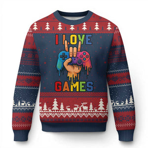 I Love Games Colorful Gamer Controller Gift Ugly Christmas Sweater TS12 Navy Red Print Your Wear