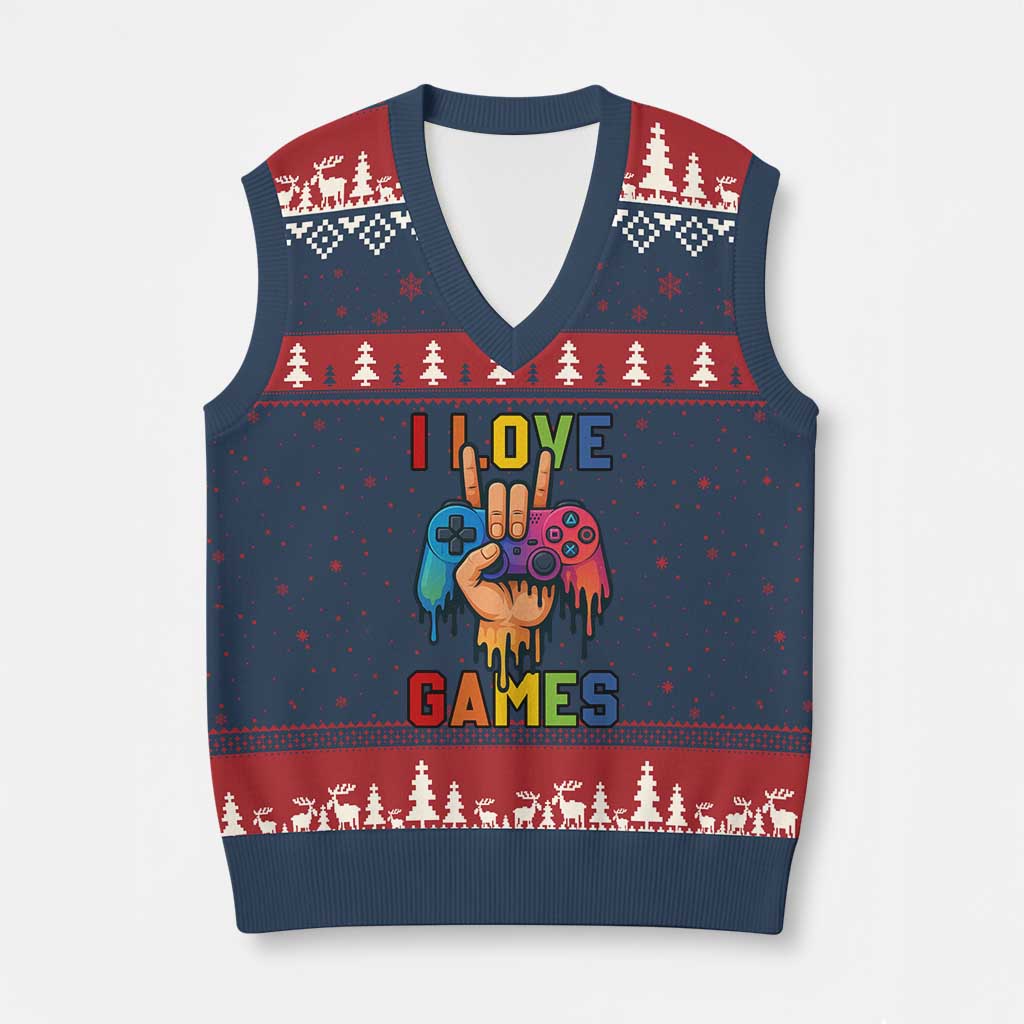 I Love Games Colorful Gamer Controller Gift V-Neck Knit Sweater Vest TS12 Navy Red Print Your Wear