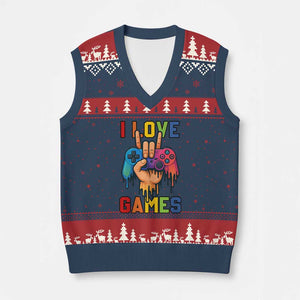 I Love Games Colorful Gamer Controller Gift V-Neck Knit Sweater Vest TS12 Navy Red Print Your Wear