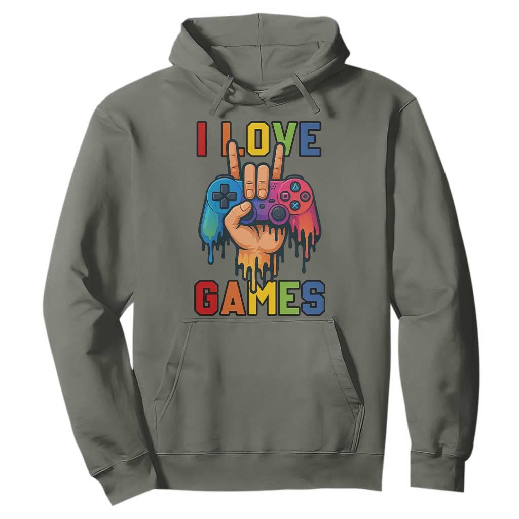 I Love Games Colorful Gamer Controller Gift Hoodie TS12 Military Green Print Your Wear