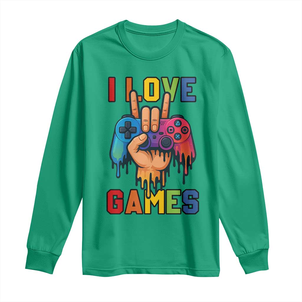 I Love Games Colorful Gamer Controller Gift Long Sleeve Shirt TS12 Irish Green Print Your Wear