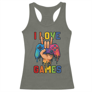 I Love Games Colorful Gamer Controller Gift Racerback Tank Top TS12 Military Green Print Your Wear