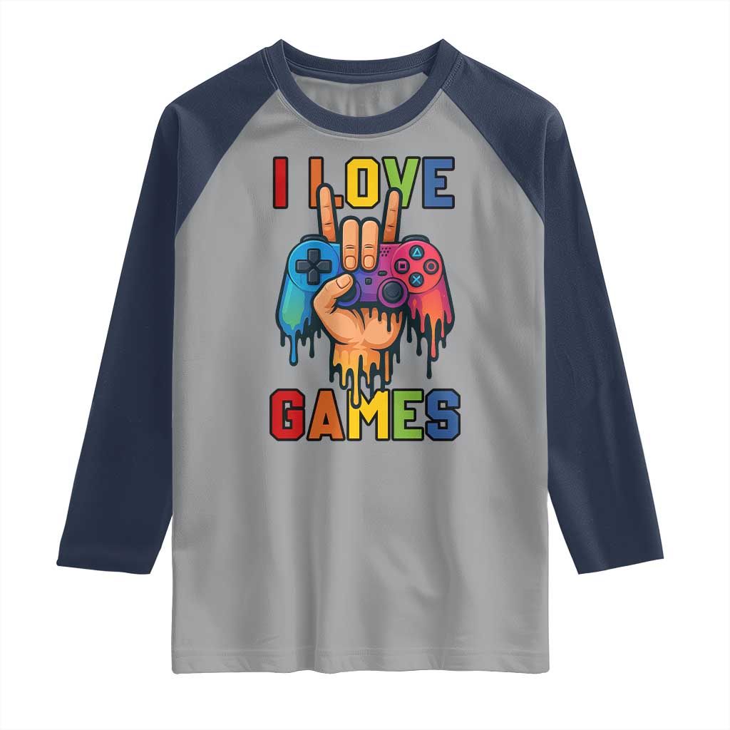 I Love Games Colorful Gamer Controller Gift Raglan Shirt TS12 Sport Gray Navy Print Your Wear
