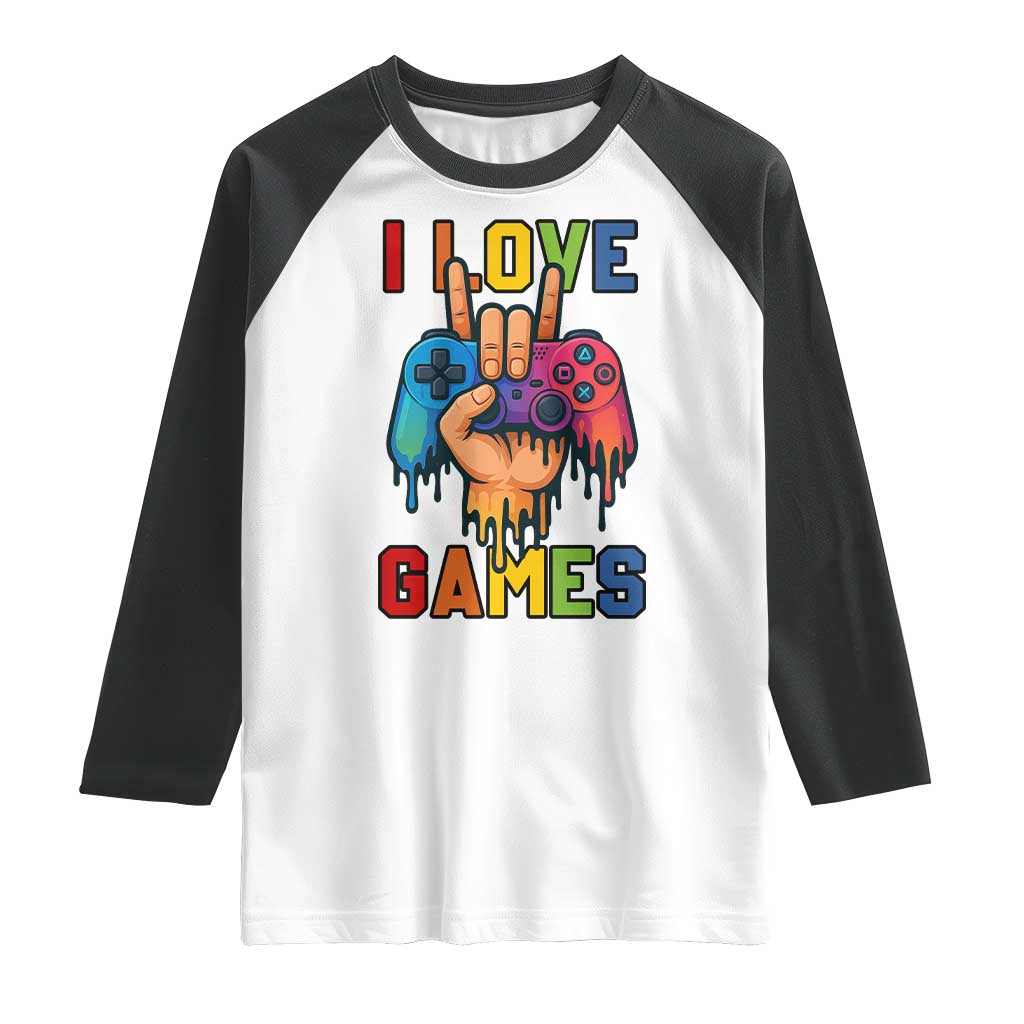 I Love Games Colorful Gamer Controller Gift Raglan Shirt TS12 White Black Print Your Wear