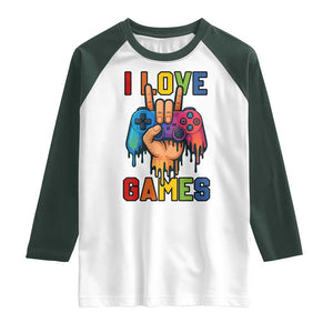 I Love Games Colorful Gamer Controller Gift Raglan Shirt TS12 White Dark Forest Green Print Your Wear