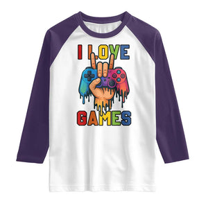 I Love Games Colorful Gamer Controller Gift Raglan Shirt TS12 White Purple Print Your Wear