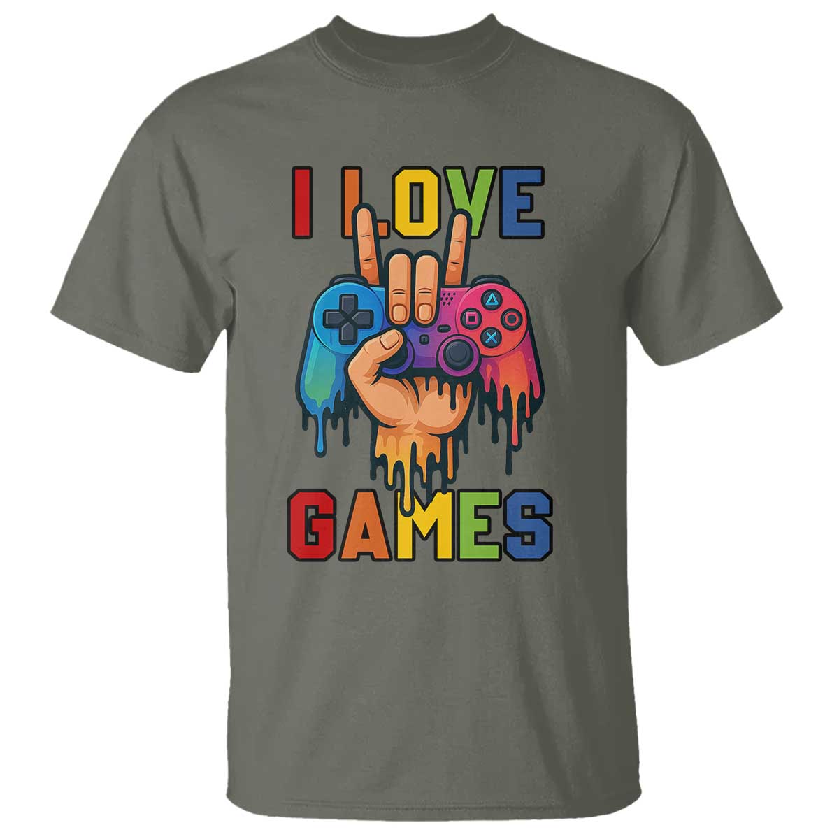 I Love Games Colorful Gamer Controller Gift T Shirt TS12 Military Green Print Your Wear