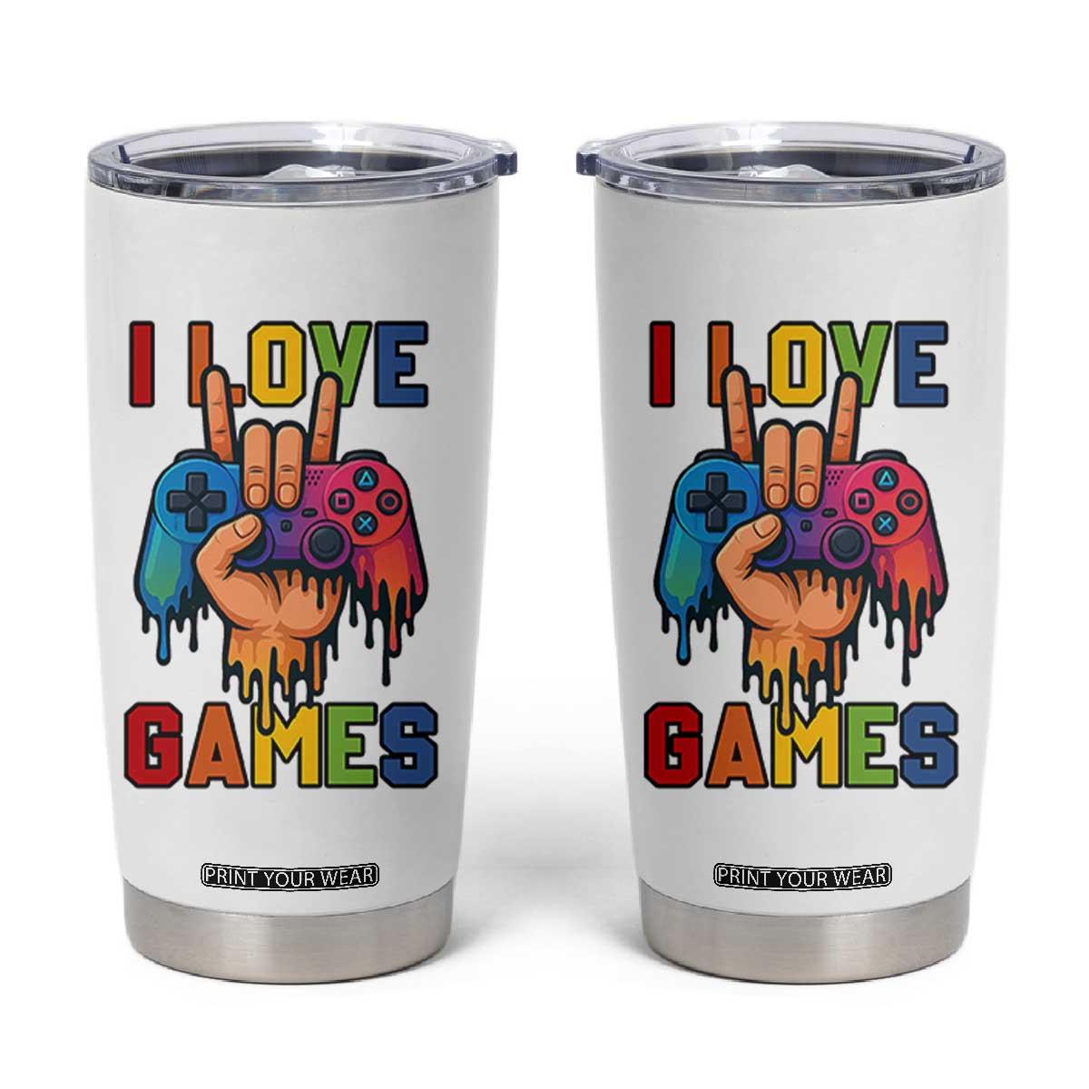 I Love Games Colorful Gamer Controller Gift Tumbler Cup TS12 White Print Your Wear