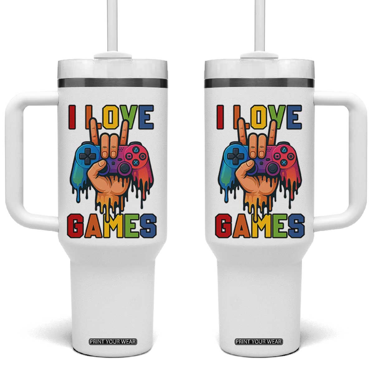 I Love Games Colorful Gamer Controller Gift Tumbler With Handle TS12 One Size: 40 oz White Print Your Wear