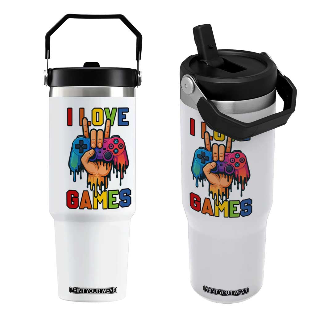 I Love Games Colorful Gamer Controller Gift Flip Straw Tumbler TS12 One Size: 30 oz White Print Your Wear