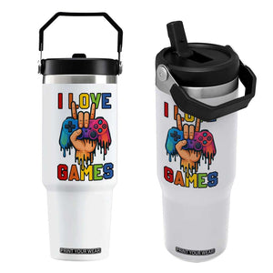 I Love Games Colorful Gamer Controller Gift Flip Straw Tumbler TS12 One Size: 30 oz White Print Your Wear