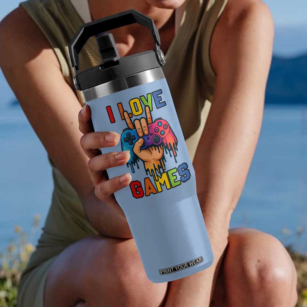 I Love Games Colorful Gamer Controller Gift Flip Straw Tumbler TS12 One Size: 30 oz Light Blue Print Your Wear