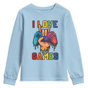 I Love Games Colorful Gamer Controller Gift Youth Sweatshirt TS12 Light Blue Print Your Wear