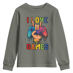 I Love Games Colorful Gamer Controller Gift Youth Sweatshirt TS12 Military Green Print Your Wear