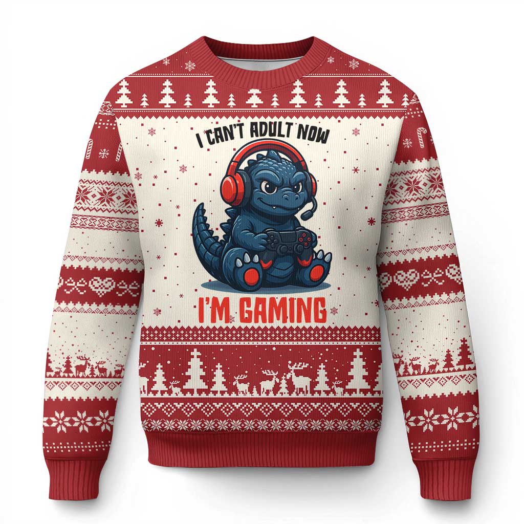 I Cant Adult Now Im Gaming Ugly Christmas Sweater Funny Monster Playing Video Game TS12 Beige Red Print Your Wear