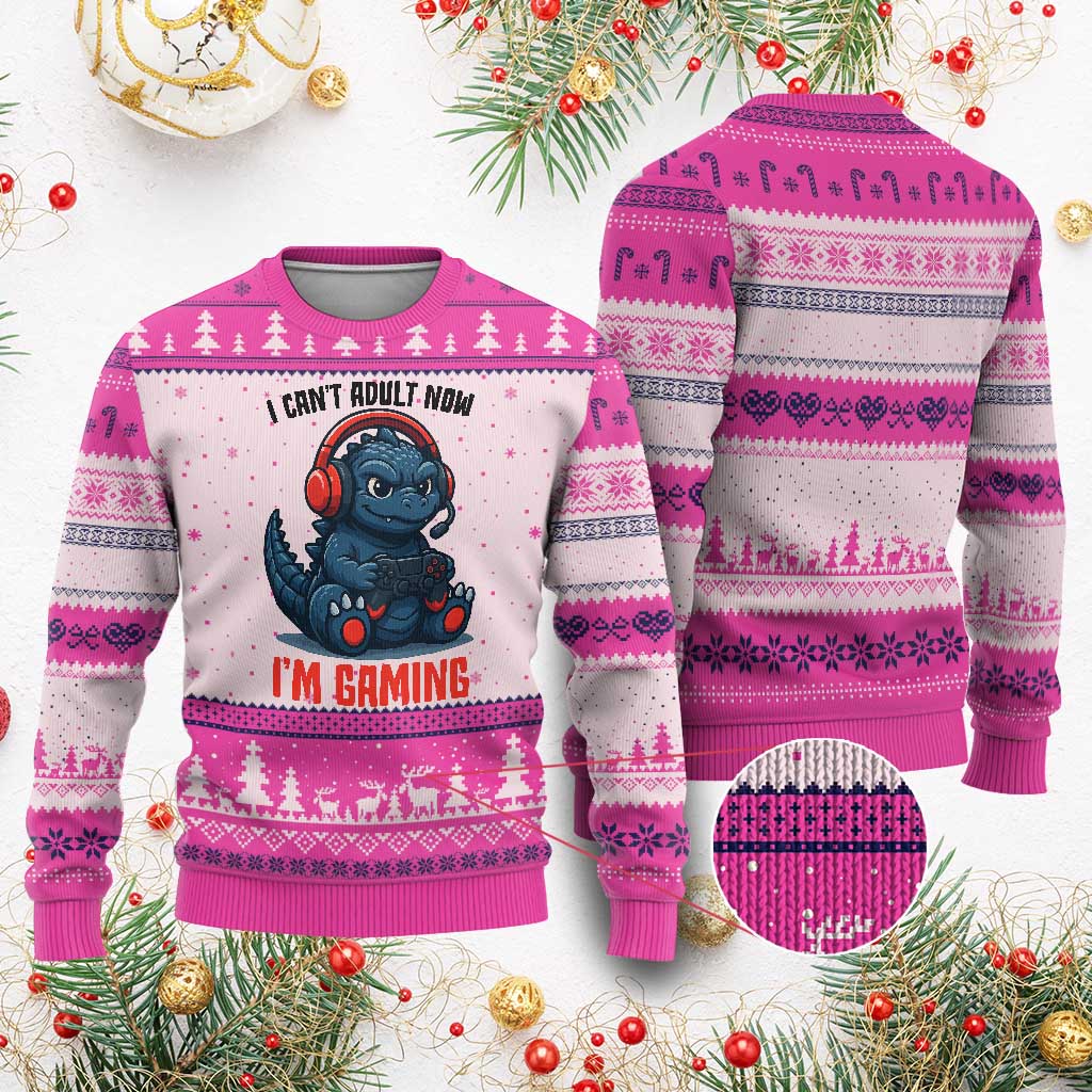 I Cant Adult Now Im Gaming Ugly Christmas Sweater Funny Monster Playing Video Game TS12 Hot Pink Print Your Wear