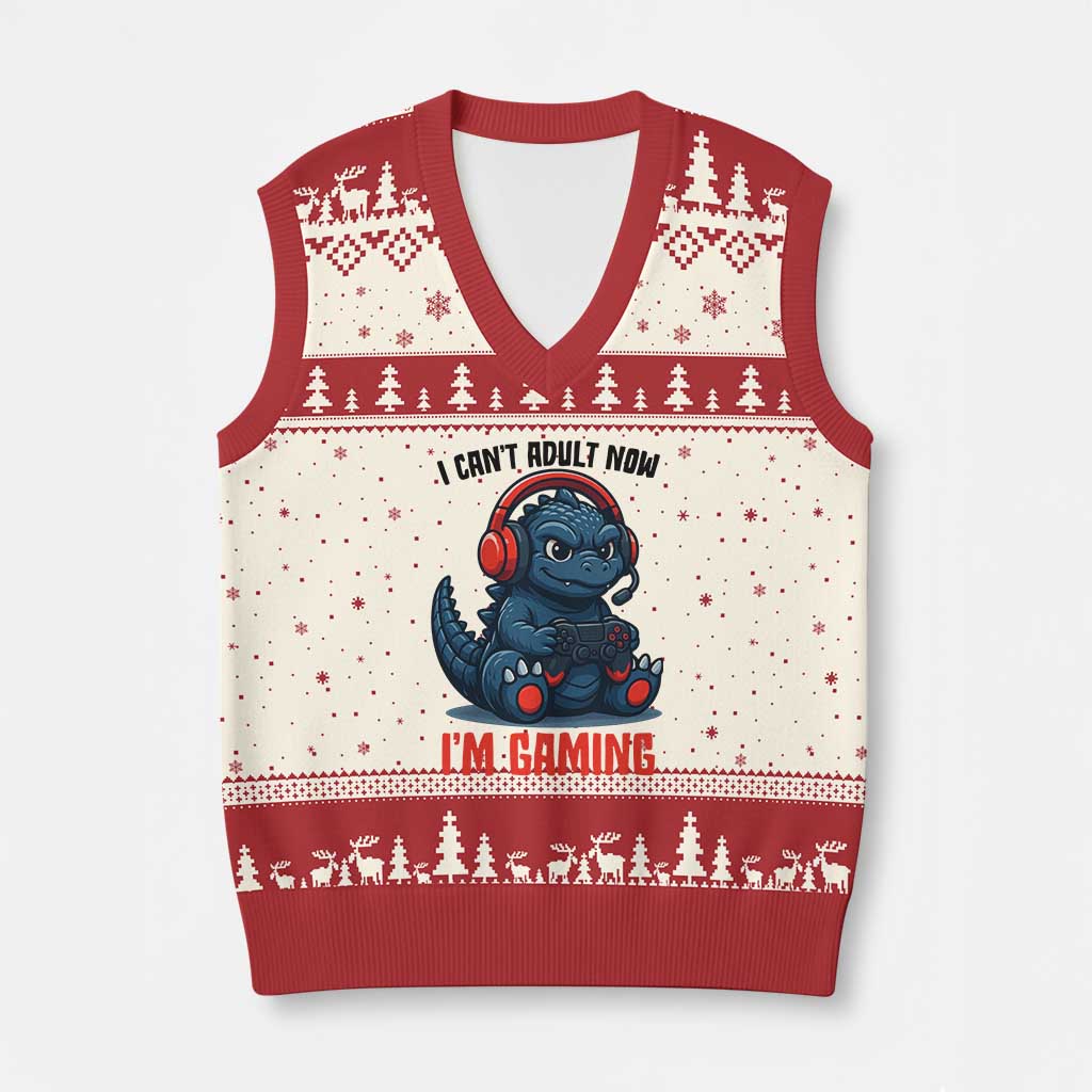 I Cant Adult Now Im Gaming V-Neck Knit Sweater Vest Funny Monster Playing Video Game TS12 Beige Red Print Your Wear