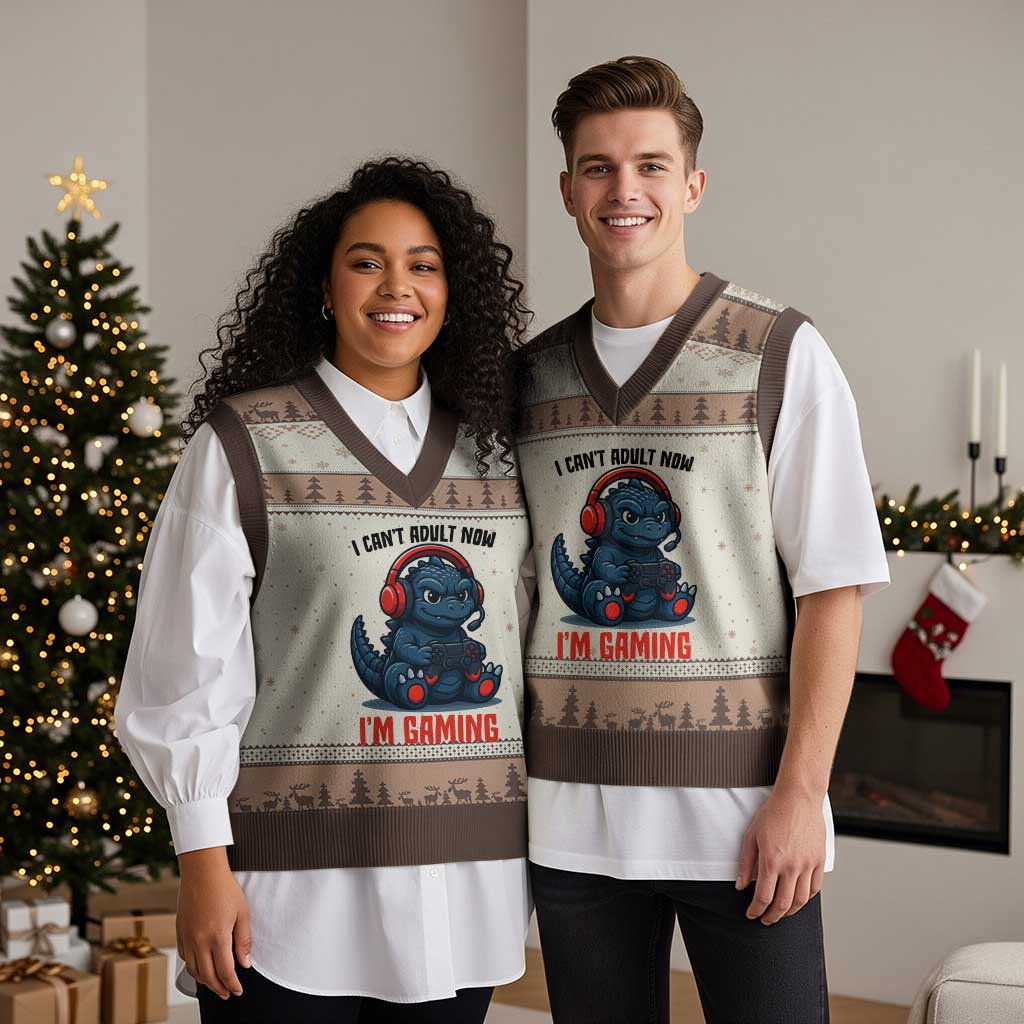 I Cant Adult Now Im Gaming V-Neck Knit Sweater Vest Funny Monster Playing Video Game TS12 Mocha Mousse Print Your Wear