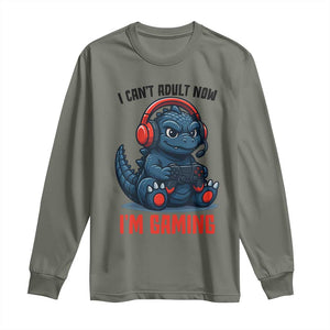 I Cant Adult Now Im Gaming Long Sleeve Shirt Funny Monster Playing Video Game TS12 Military Green Print Your Wear