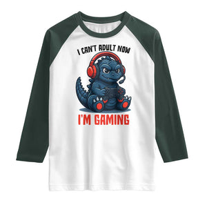 I Cant Adult Now Im Gaming Raglan Shirt Funny Monster Playing Video Game TS12 White Dark Forest Green Print Your Wear
