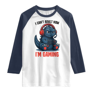 I Cant Adult Now Im Gaming Raglan Shirt Funny Monster Playing Video Game TS12 White Navy Print Your Wear