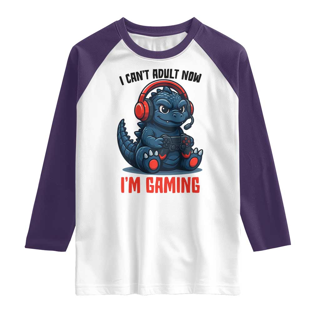 I Cant Adult Now Im Gaming Raglan Shirt Funny Monster Playing Video Game TS12 White Purple Print Your Wear