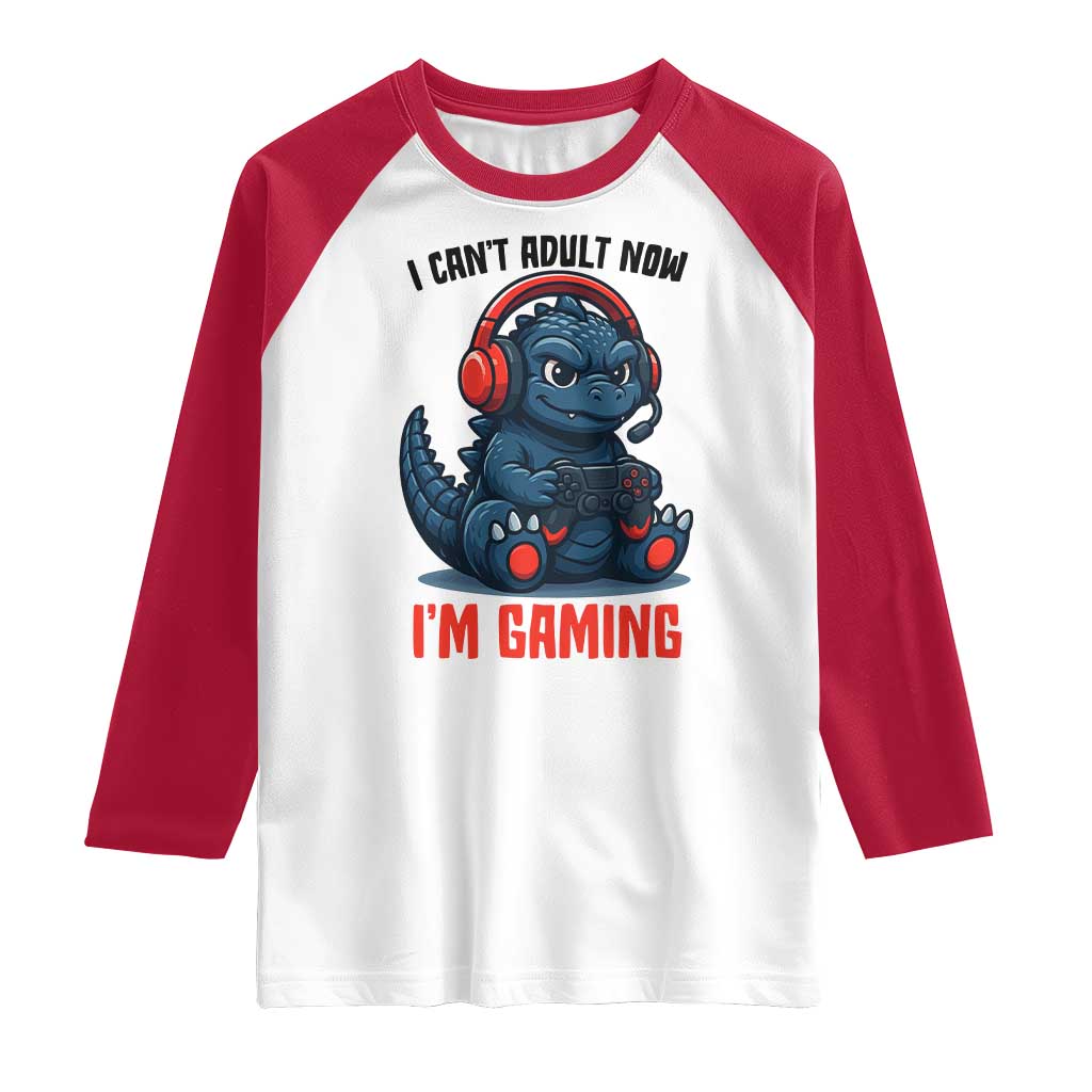 I Cant Adult Now Im Gaming Raglan Shirt Funny Monster Playing Video Game TS12 White Red Print Your Wear