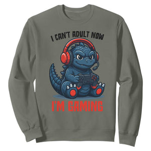 I Cant Adult Now Im Gaming Sweatshirt Funny Monster Playing Video Game TS12 Military Green Print Your Wear