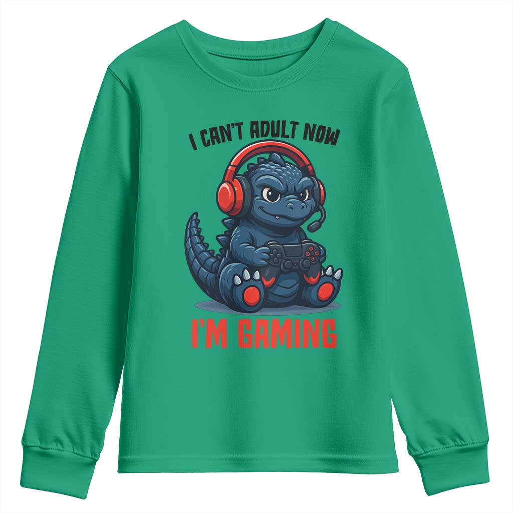 I Cant Adult Now Im Gaming Youth Sweatshirt Funny Monster Playing Video Game TS12 Irish Green Print Your Wear
