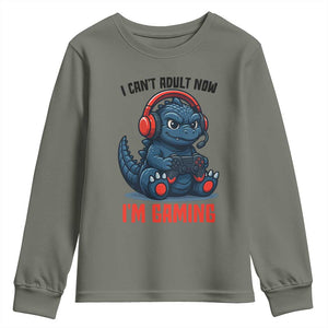 I Cant Adult Now Im Gaming Youth Sweatshirt Funny Monster Playing Video Game TS12 Military Green Print Your Wear