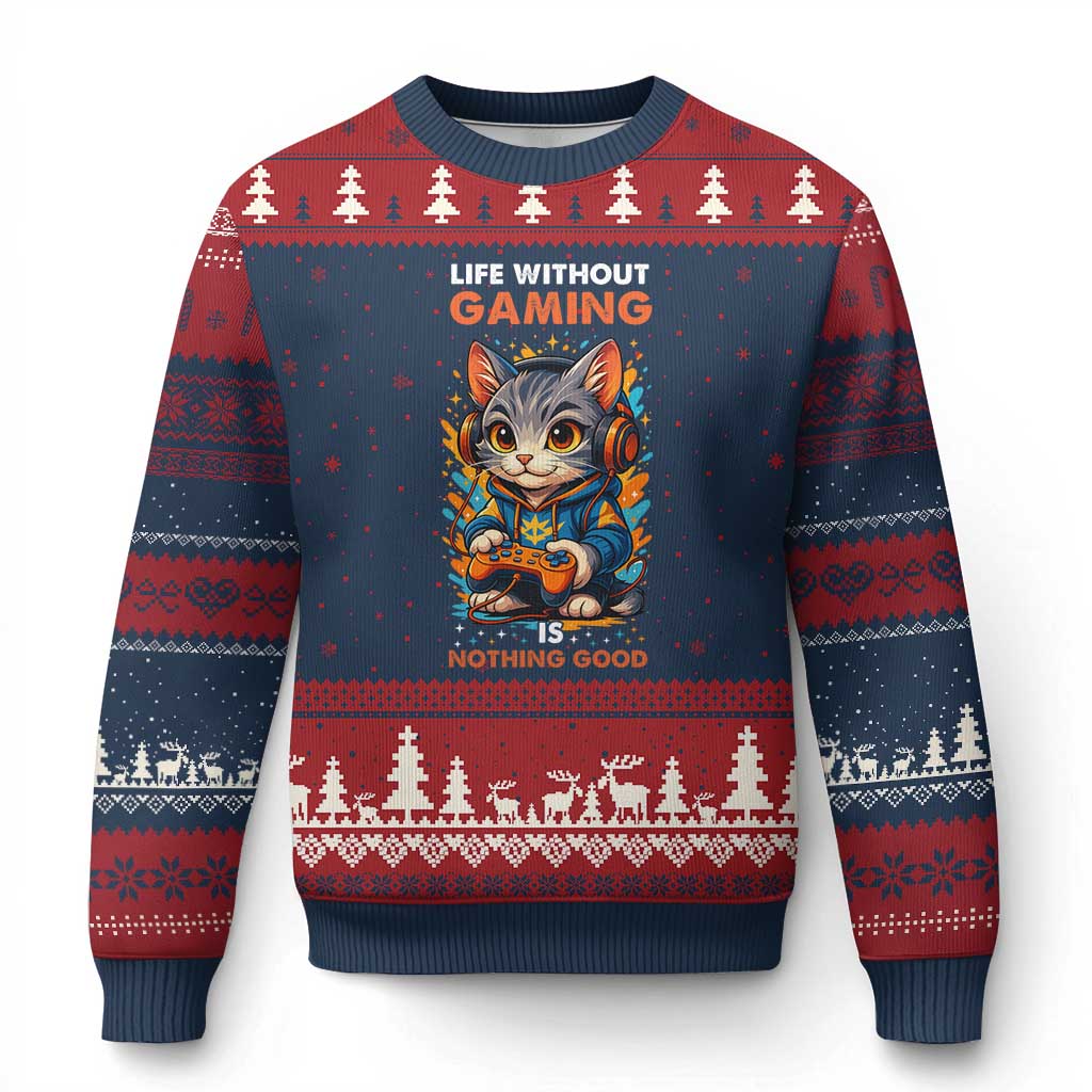 Funny Gamer Cat Ugly Christmas Sweater Life Without Gaming Is Nothing Good TS12 Navy Red Print Your Wear