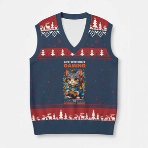 Funny Gamer Cat V-Neck Knit Sweater Vest Life Without Gaming Is Nothing Good TS12 Navy Red Print Your Wear