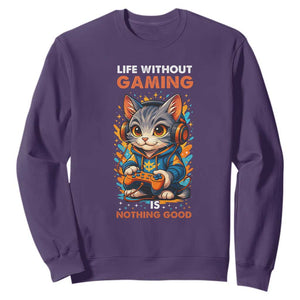 Funny Gamer Cat Sweatshirt Life Without Gaming Is Nothing Good TS12 Purple Print Your Wear