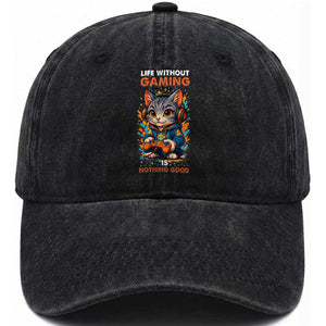 Funny Gamer Cat Washed Cotton Baseball Cap Life Without Gaming Is Nothing Good TS12 Print Your Wear