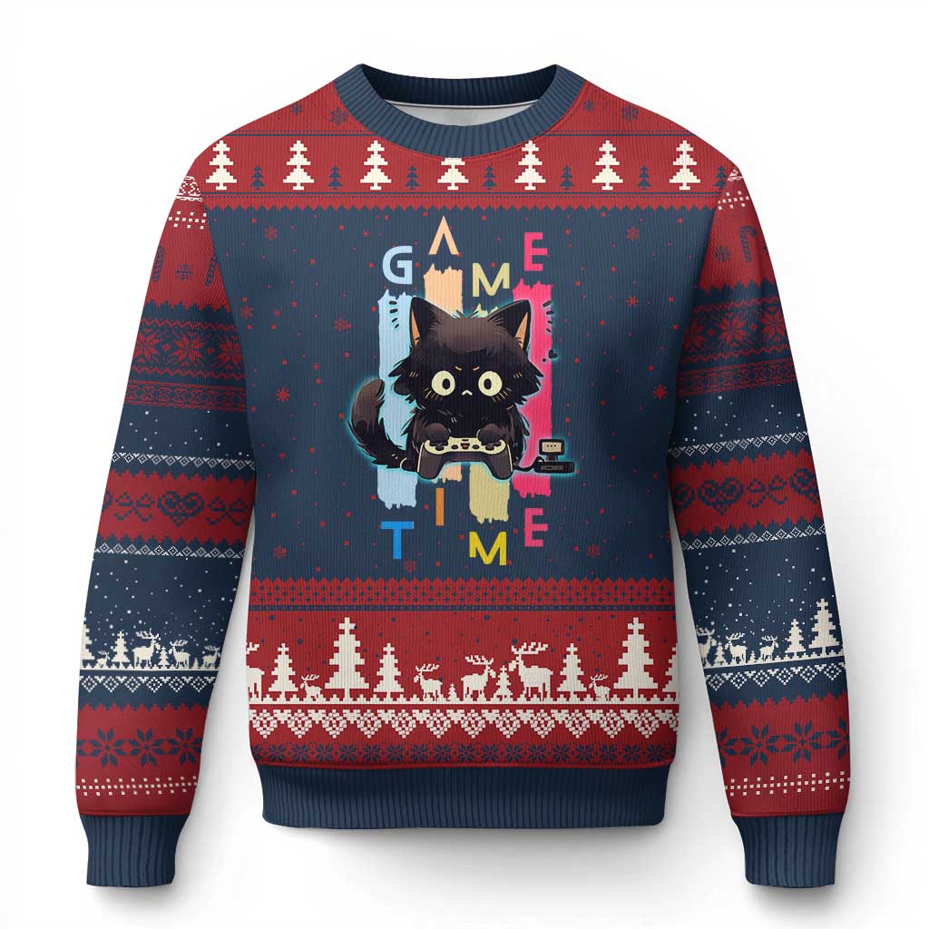 Game Time Ugly Christmas Sweater Cute Black Cat Gamer Lover Gift TS12 Navy Red Print Your Wear
